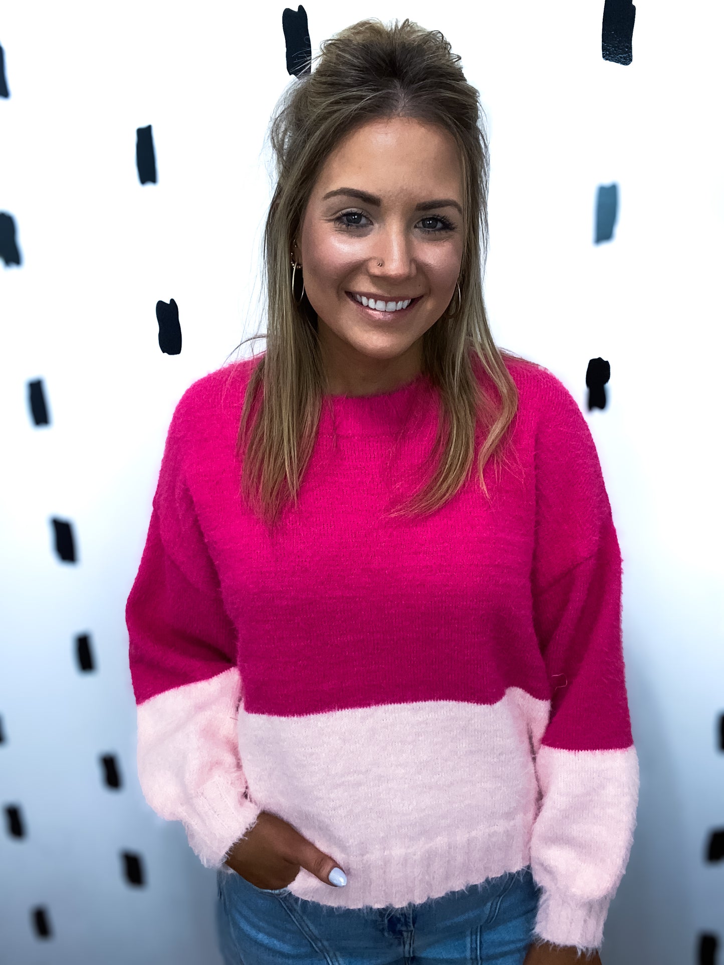 Pink Split Fuzzy Pullover Sweater