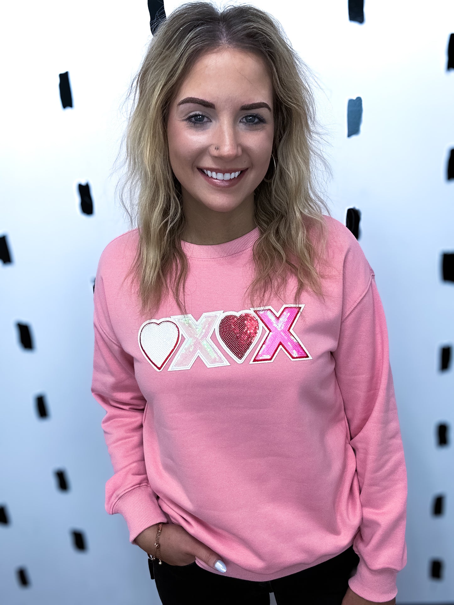 Pink Sequin XOXO Crew Neck Graphic Sweatshirt