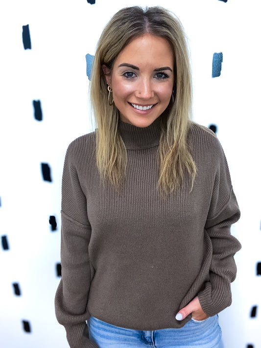 Mocha Mock Neck Ribbed Sweater