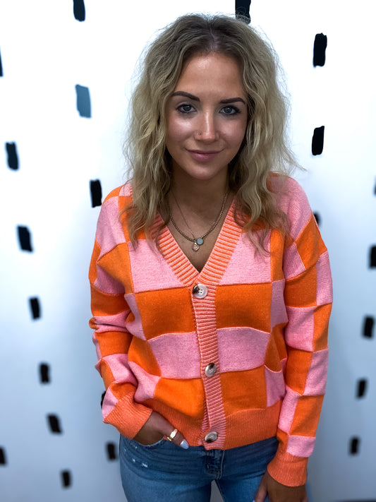 Pink/Orange Checkered Button Cardigan