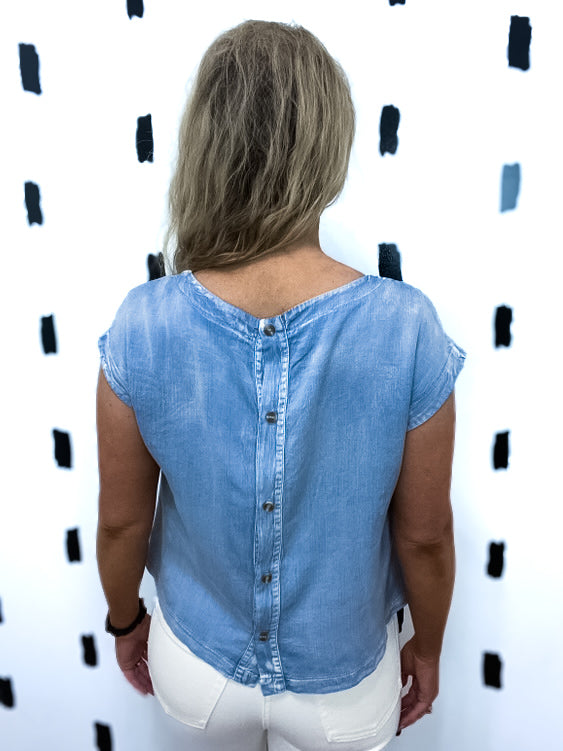 Washed Denim Chambray Back Button Blouse