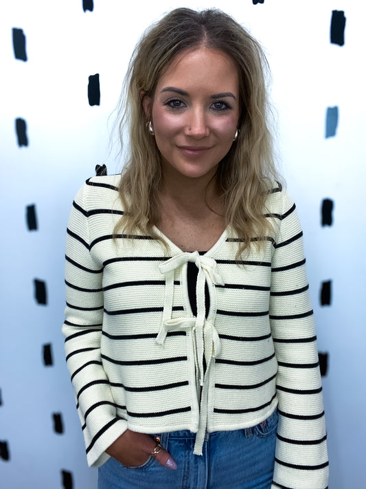 White/Black Striped Tied Front Cardigan