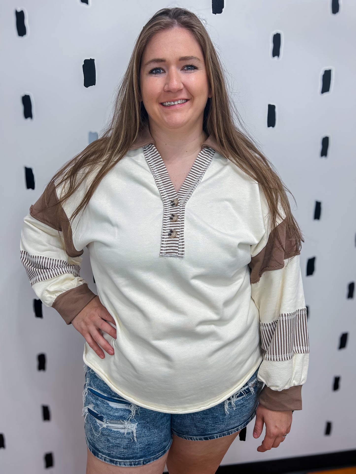 Ivory/Taupe Colorblock Long Sleeve Top