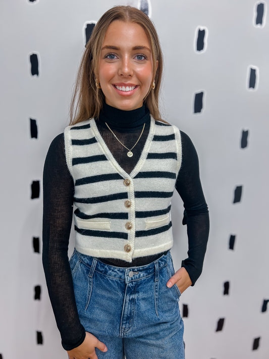 Ivory Stripe Button Down Sleeveless Crop Cardigan