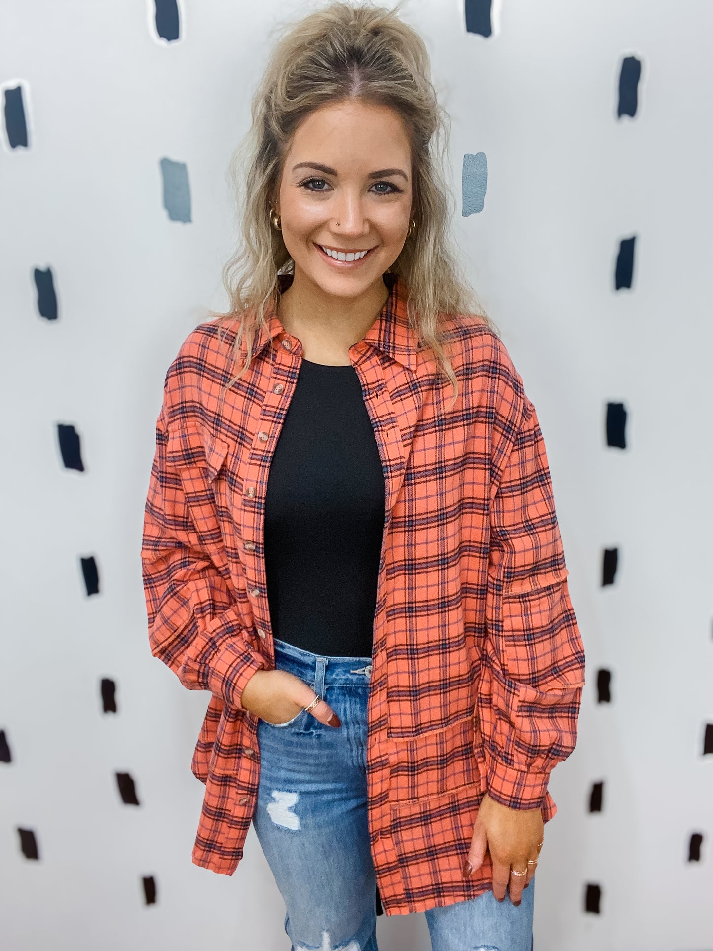 Red Plaid Button Long Sleeve Top