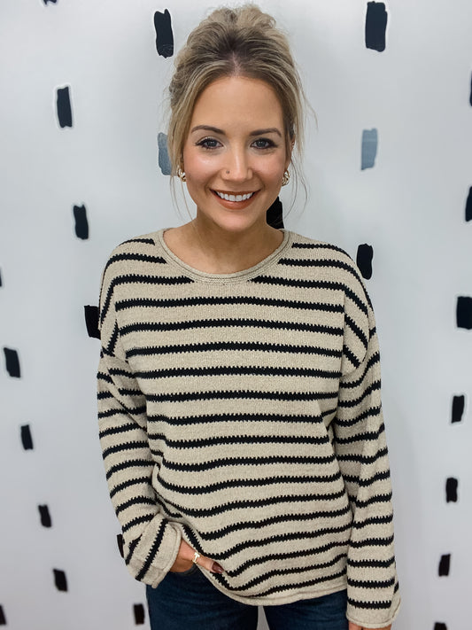 Taupe Stripe Boat Neck Sweater