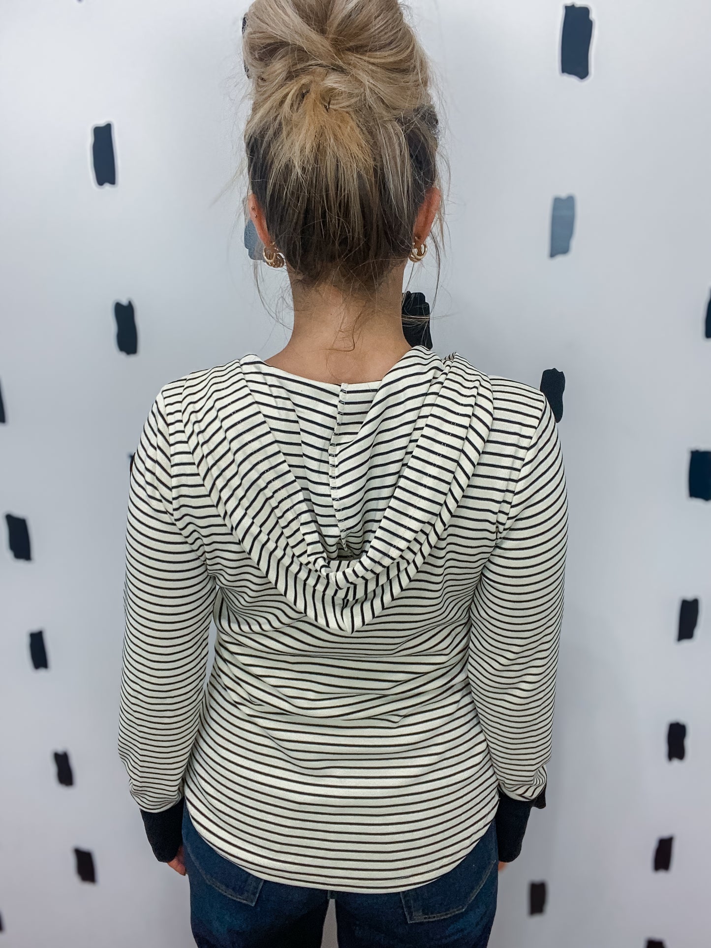 Cream/Black Striped Henley Hoodie Top