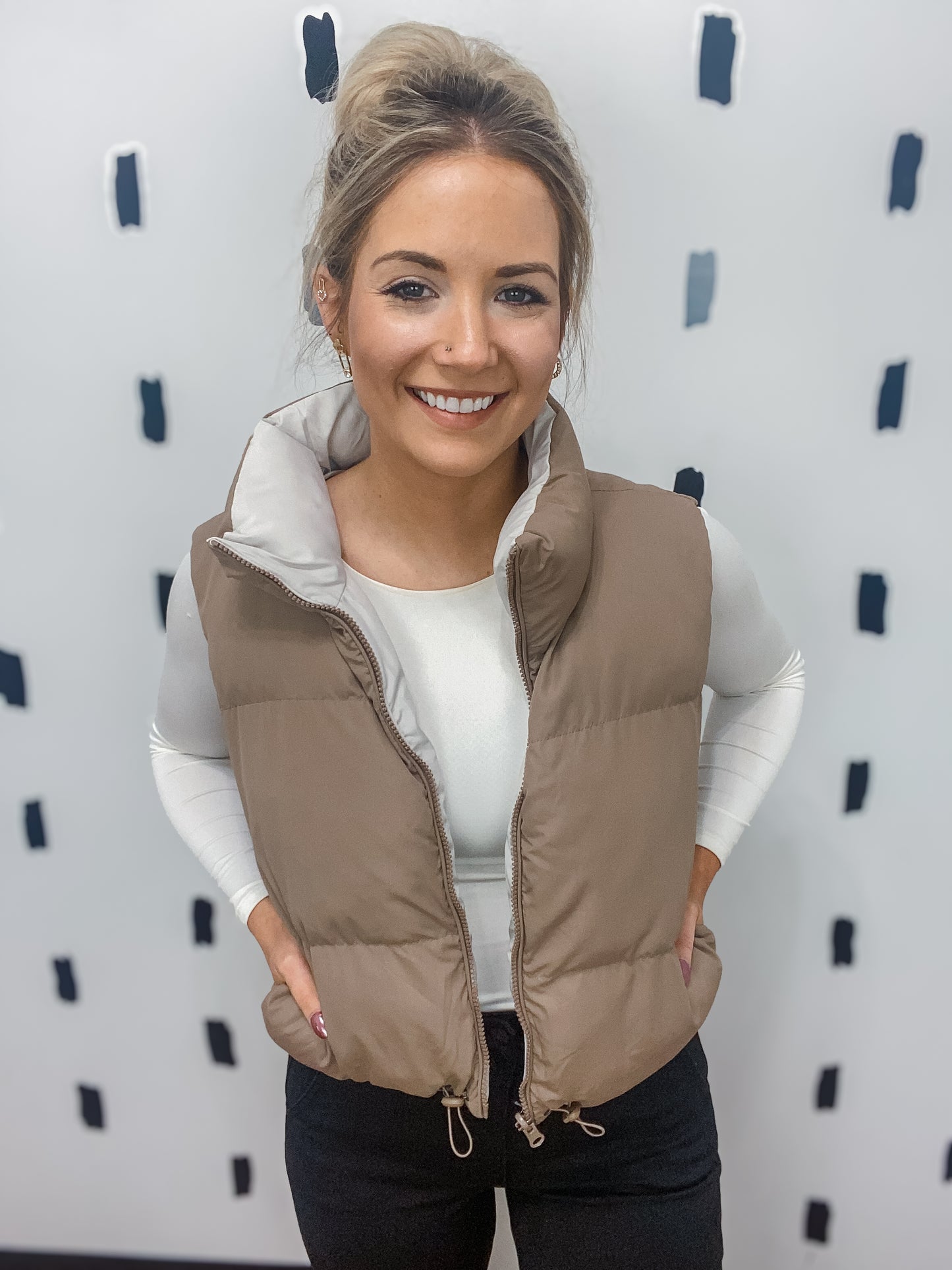 Light Mocha Reversible Zip Up Puffer Vest