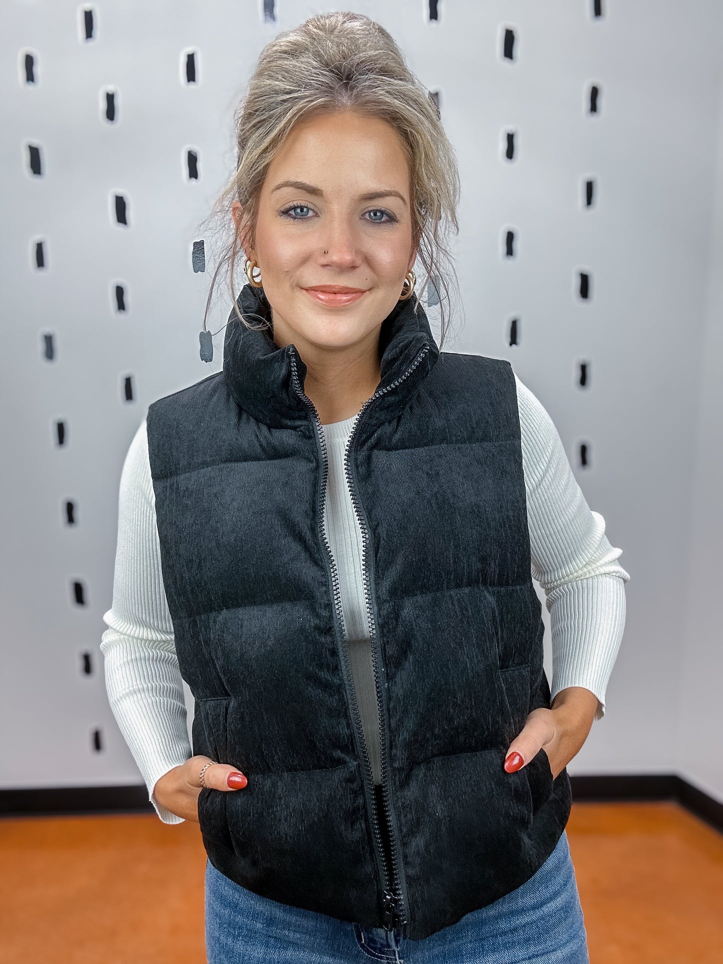 Black Corduroy Puffer Vests