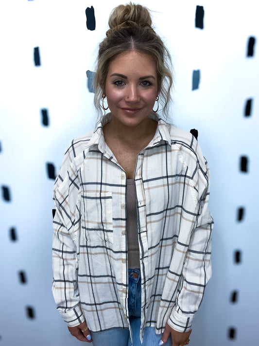 Neutral Oversized Plaid Long Sleeve Top